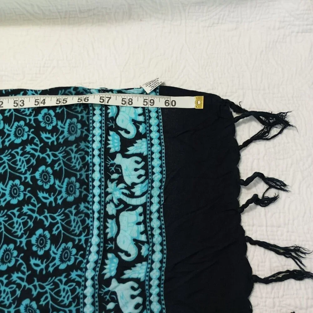 Bagus Scarf Or Throw Elephant Mandala Print Blanket Black & Teal Fringe Edges